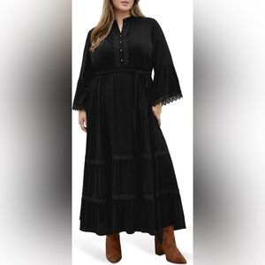 City Chic Black Camille Plus Size Maxi Dress Flowy Boho Long Sleeves Size XL 22